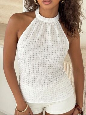 Women’s White Halter Neck Textured Tank Top